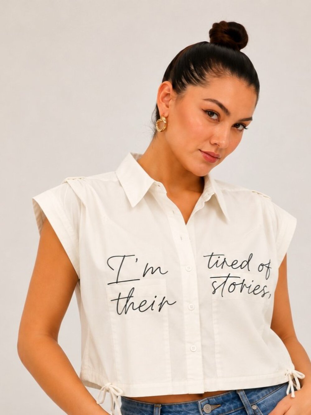 Women’s Graphic Cropped Button-Down Shirt, Cap Sleeve Drawstring Casual Top